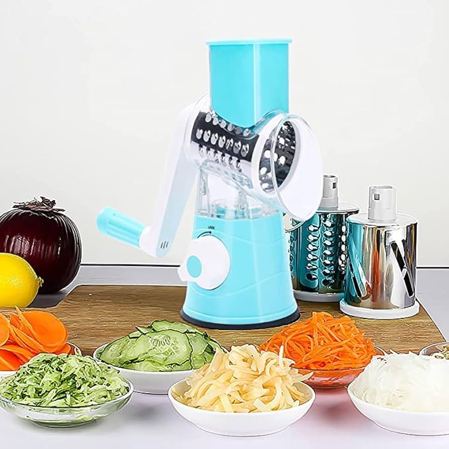 Multifunctional Tabletop Drum Cheese Grater, Rotary Drum Cutter and Slicer, 3 in 1 Manual Vegetable Cutter Slicer and Peeler, Fruit and Vegetable Cutter and Chopper