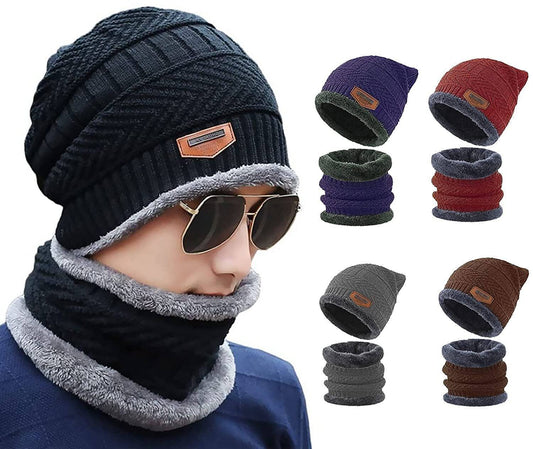 Winter Cap and neck Elastic Knitting Thick Fleece Warm Woolen Beanie Cap Sport Hat & Neck Scarf Set 2 Piece