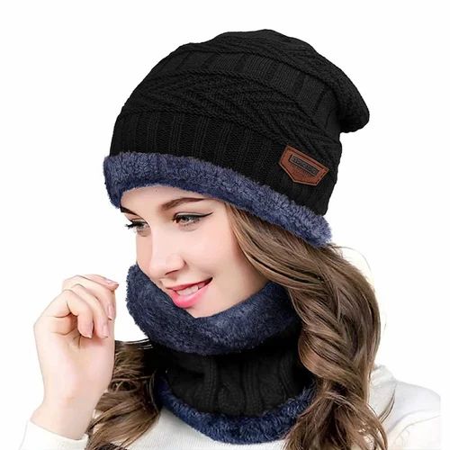 Winter Cap and neck Elastic Knitting Thick Fleece Warm Woolen Beanie Cap Sport Hat & Neck Scarf Set 2 Piece